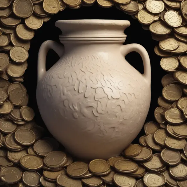 An ancient Greek amphora overflowing with coins illustrating the excess of Greece