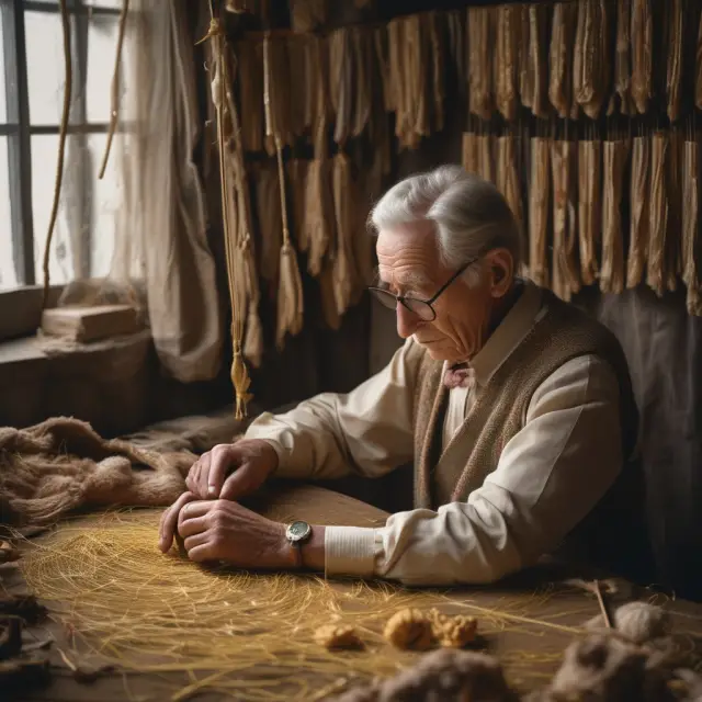 An elderly person weaves a golden thread representing length of employment and years of service, creating a rich tapestry illustrating defined-benefit plan payouts.