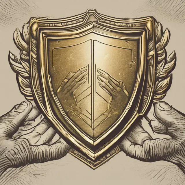 Employer and employee hands holding a golden shield representing defined-benefit plans