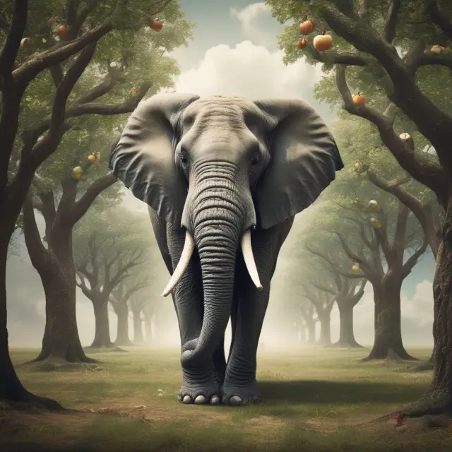 An elephant nurturing a garden of fruitful investment trees to ensure financial stability for its employees