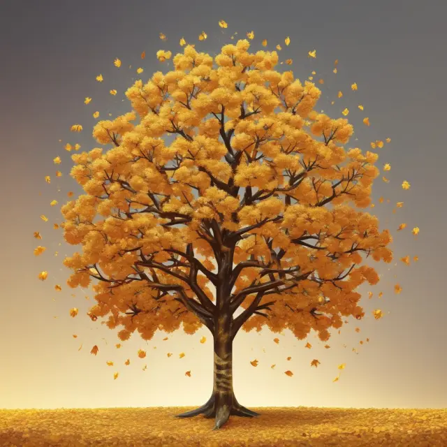 A golden tree symbolizing defined-benefit plans with leaves representing years of service, bearing ripe fruits as retirement benefits. Boosting retirement income through additional work years.