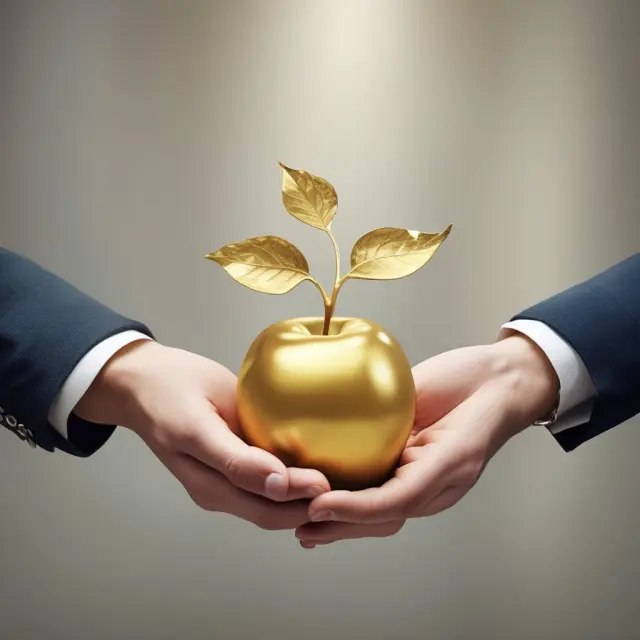 Employer and employee exchanging apples representing savings, surrounded by blooming features of DC plans such as matching contributions, automatic enrollment, and other benefits