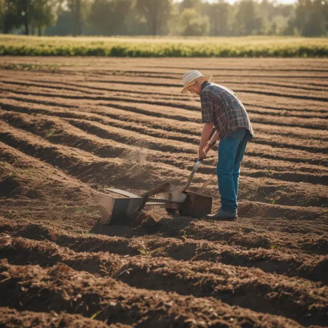 Farmer cultivating defined contribution retirement plans in a lush field. Growth symbolizes future savings and investment growth.