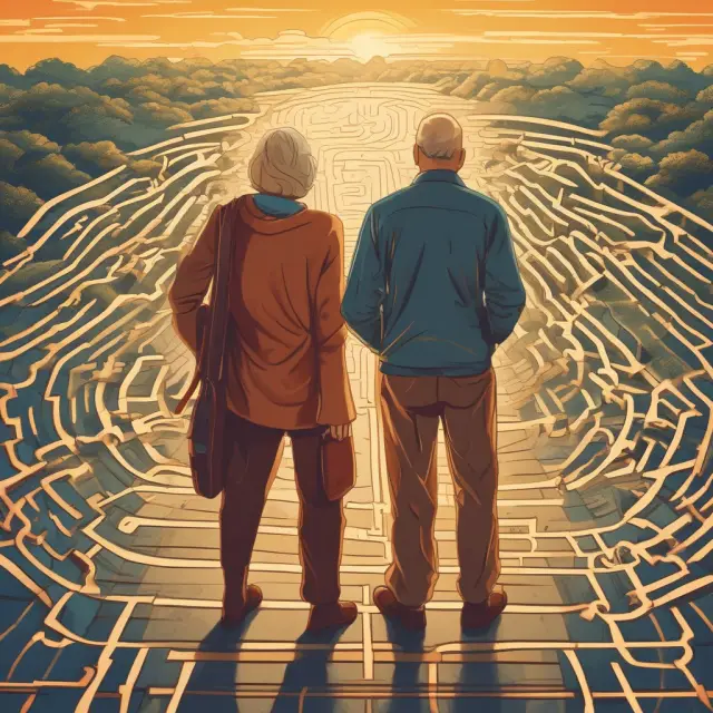An elderly couple examining investment graphs as a golden sun sets, signifying retirement planning and preparation in a complex maze of financial decisions