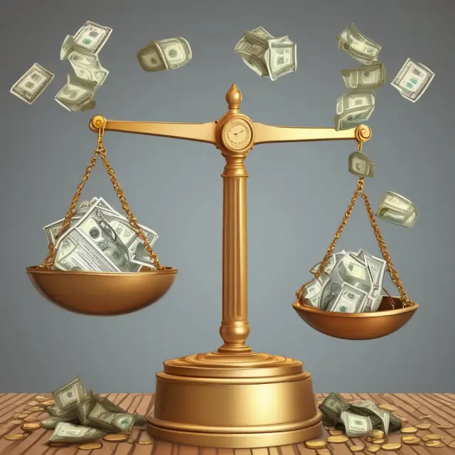 A golden balance scales with monetary supply (money), technological advancements (gears), and aggregate demand (consumer hands) representing the causes of deflation