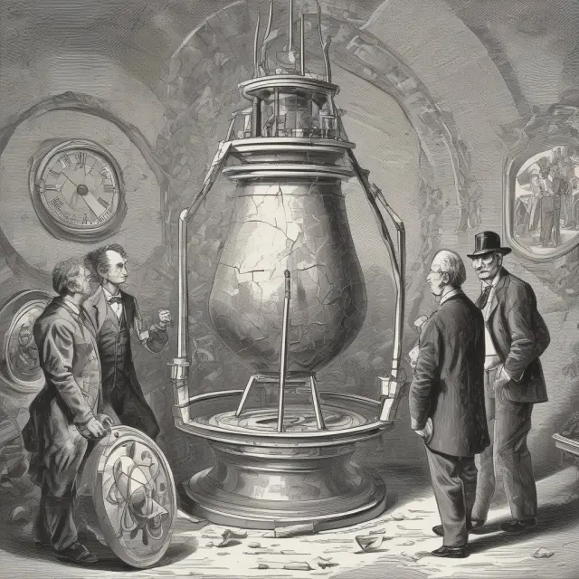 An antique clock with gears depicting economists exploring the concept of deflation throughout history, from the Great Depression to contemporary times