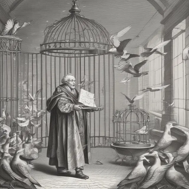 Mathematician Gauss releasing nine doves from a cage, symbolizing data points and the concept of available degrees of freedom