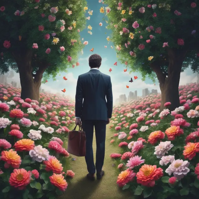 Businessman contemplating between two flowers in a garden, symbolizing the concept of degrees of freedom and decision making.