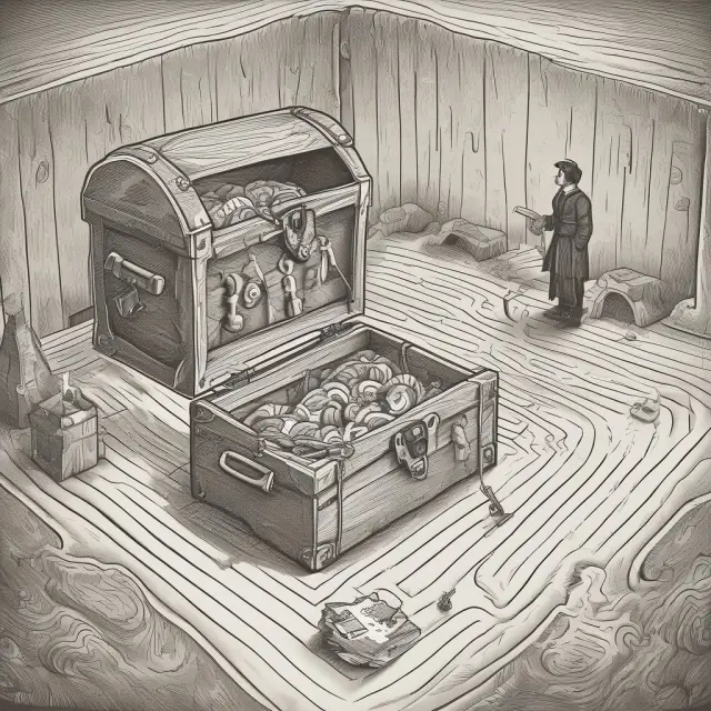 Borrower examining contract terms while carrying a treasure chest, with a lender holding the keys