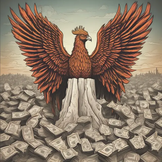 Image of a mythical Phoenix rising from stacks of debt papers, illustrating successful deleveraging.