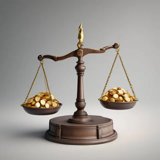 Golden scale balancing gold coins (representing cash) against debt books; successful deleveraging