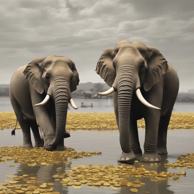 Elephants representing companies or individuals, shedding debt by entering a river filled with golden coins, showcasing economic improvement