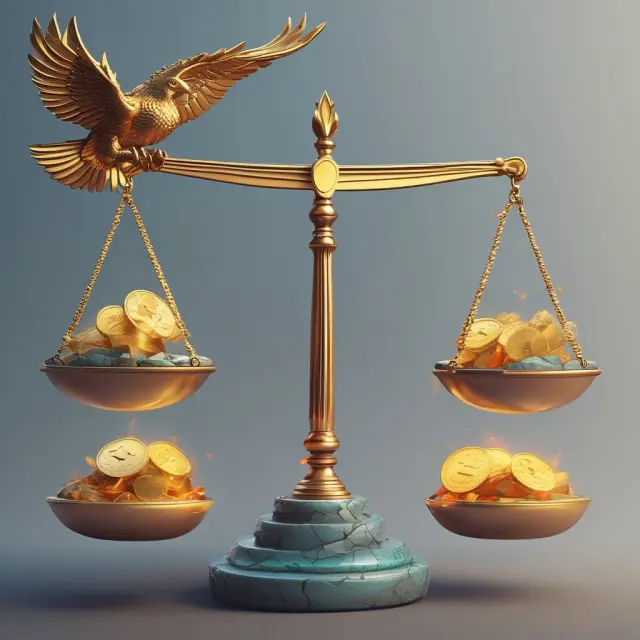 A balance scale with gold coins representing investments, as some icebergs melt symbolizing reduced dividends; a phoenix rises from flames, representing recovery from lower interest rates
