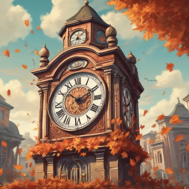 Clock tower: A metaphor for credit reports; gears signify evaluations; leaves: delinquencies falling. Enhancing SEO with keywords: Credit, Reports, Delinquencies.