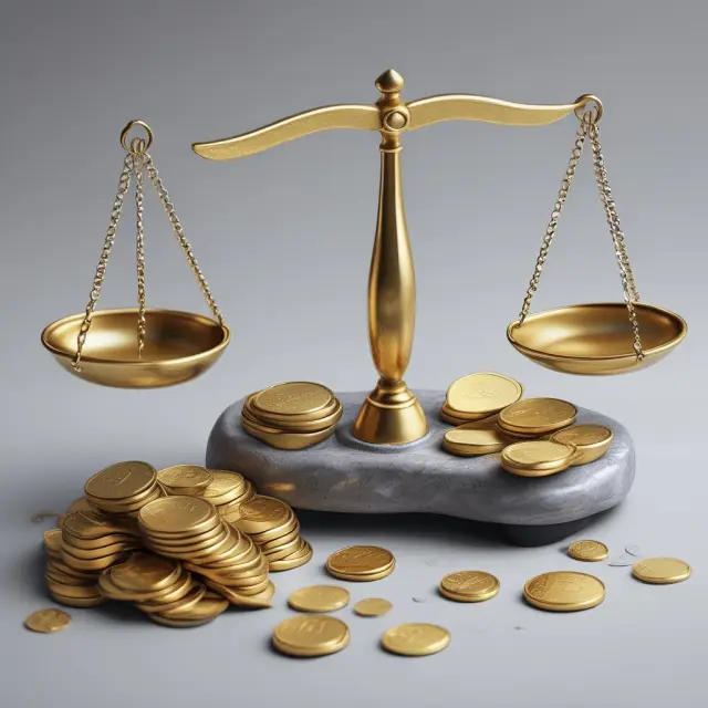 A golden scale weighs the balance between on-time loan repayments (golden coins) and late payments (silver coins), demonstrating how delinquency rates are calculated