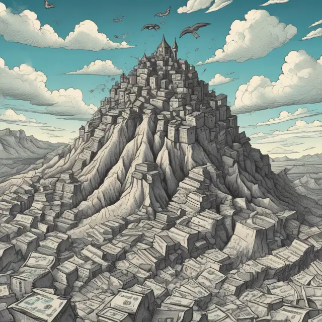An image of a towering mountain of student loan debt crumbling into a stormy sea, symbolizing the high delinquency rates in student and real estate loans.