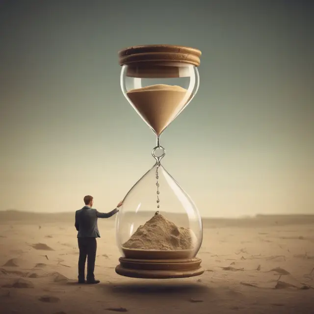 An anxious borrower holds an hourglass, as sand trickles away, revealing cracks in the glass representing delinquencies damaging their creditworthiness
