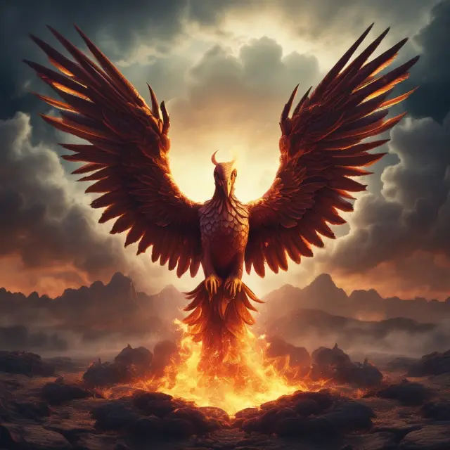 A phoenix rising above a stock exchange floor with its wings made of company charts, representing recovery from involuntary delisting.