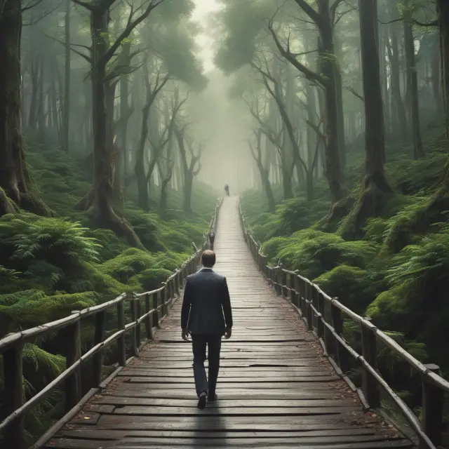 A person clutches a delisted share while standing at a crossroads, considering a bridge symbolizing a stock exchange (accessibility, liquidity) or an uncertain forest representing OTC markets