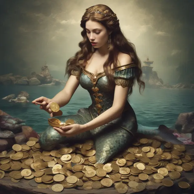 Mermaid weighs gold coins, representing companies