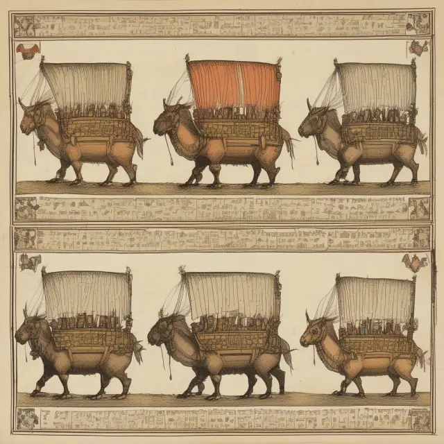 An imaginative scene showing three caravans traveling through a desert landscape, each representing DAF (Delivered at Frontier), DAT (Delivered at Terminal), and DAP (Delivered at Place) Incoterms.