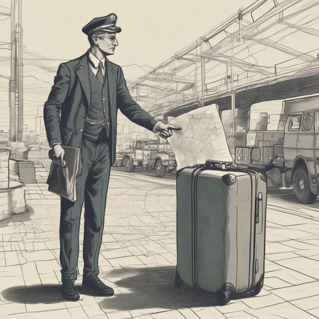 A shipper stands at a border crossing with suitcases full of shipping documents and a map, symbolizing the advantages of using Delivered at Frontier (DAF) in international shipping contracts