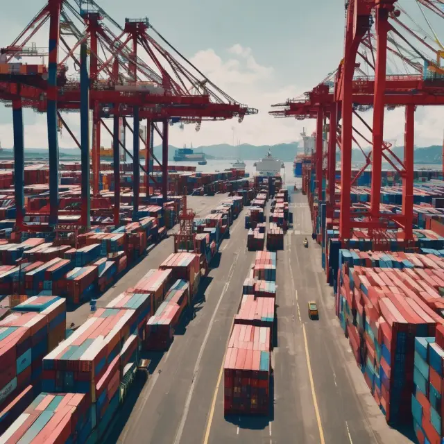 A person handling documents at a desk, making a payment online, and overseeing cargo being unloaded from a ship in a bustling harbor.