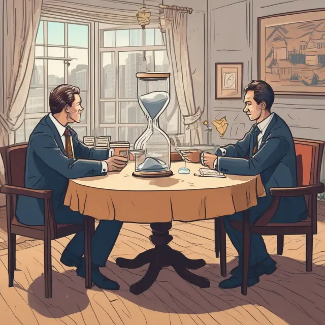Two figures engaged in a DAP agreement discussion as an hourglass symbolizes the importance of time management in international trade transactions