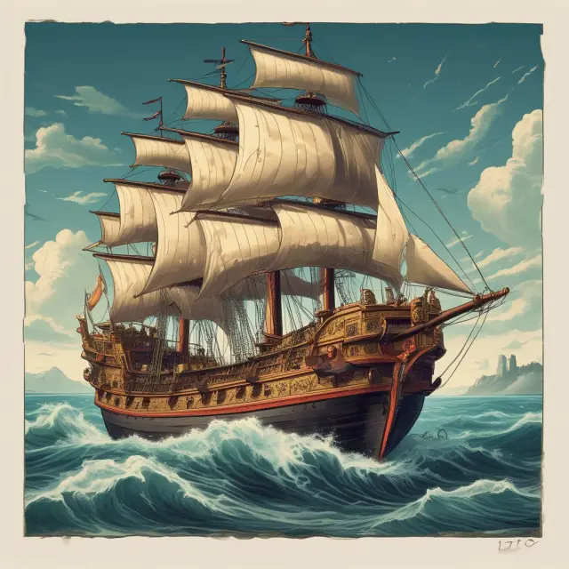 Old sailing ship transporting a treasure chest labeled