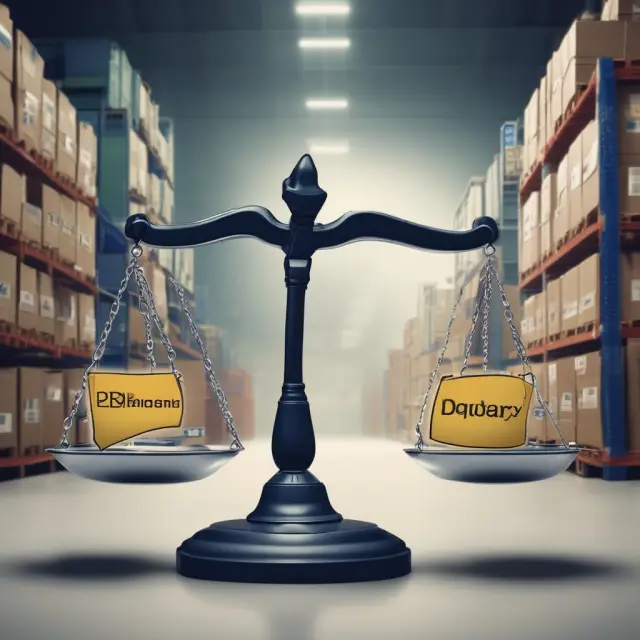 Scales balanced between seller and buyer, representing DDU vs. DDP importing methods with labels illustrating differences in responsibilities