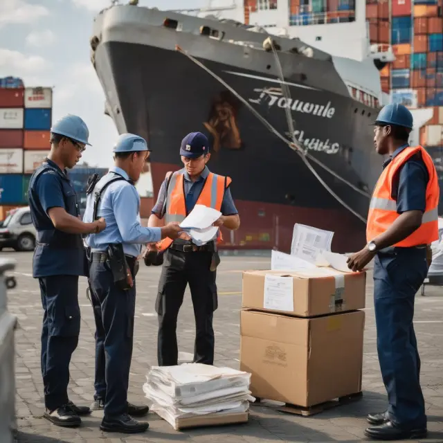 Seller handing over goods to be loaded on a ship for international transport under Delivered Duty Unpaid agreement. Customs officers examine documentation.