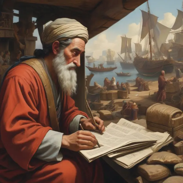 An image of an ancient merchant studying two scrolls, one labeled