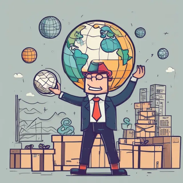 A person skillfully juggles a globe representing international trade under DDP agreements, balancing VAT taxes, customs clearance, bribes, storage fees, and demurrage