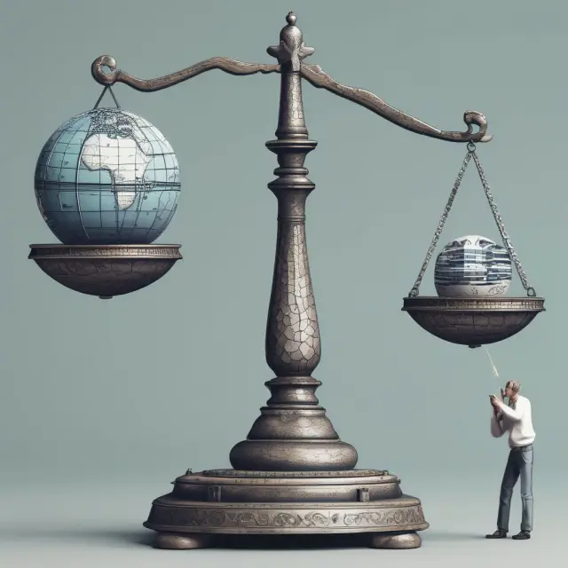 A scale balanced between a globe and various boxes symbolizes the benefits and drawbacks of Delivered Duty Paid (DDP) for international buyers and sellers.