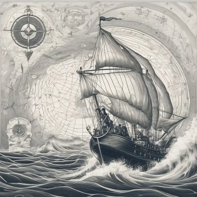 A sailor maneuvers a ship in stormy seas while consulting a CRM system
