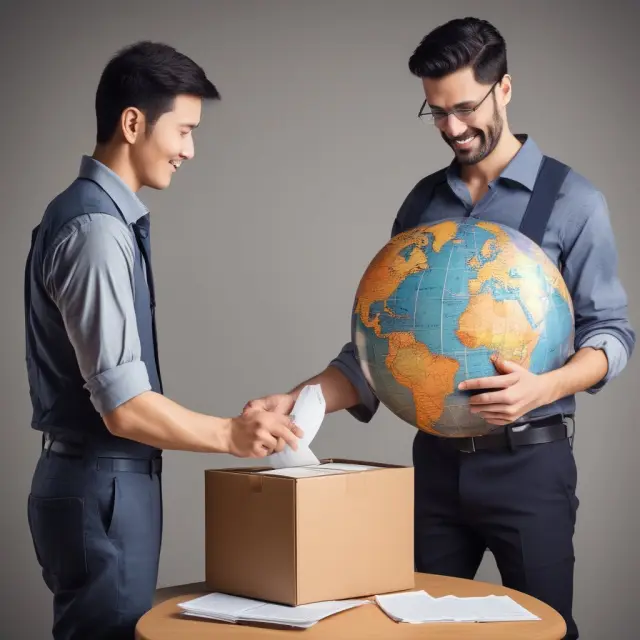 A seller hands an international parcel to a globe, representing delivered duty paid agreements and global trade