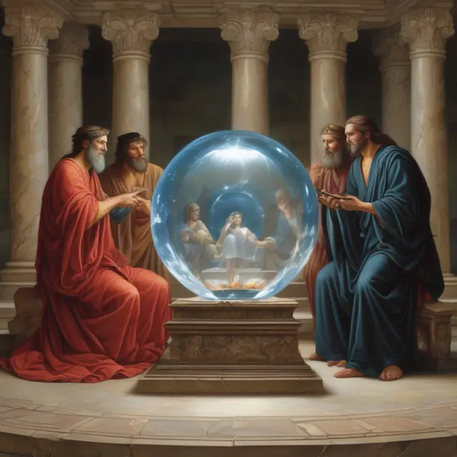 Experts gathered around a crystal ball, representing the Delphi method