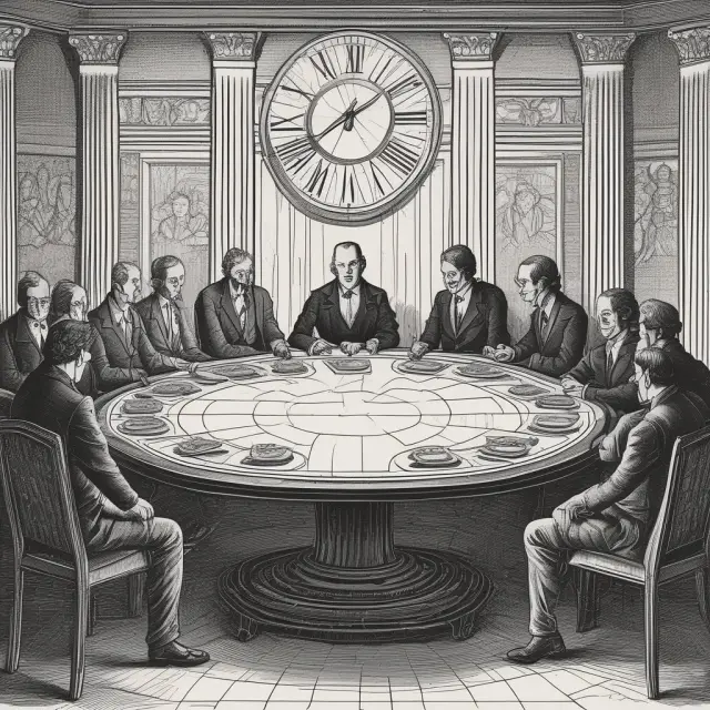 Anonymous participants at a round table, deep in thought as they discuss, with a ticking clock symbolizing reflection and consensus building.