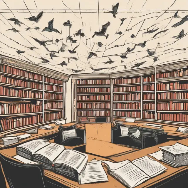 Oracle birds examine various books representing forecasting techniques to select the most suitable one for future insights.