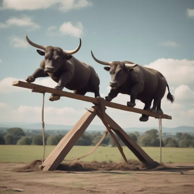 A bull and bear balancing a seesaw, illustrating delta hedging