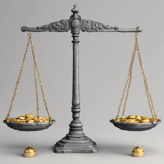 Golden and silver coins on a balance, symbolizing the advantages and disadvantages of delta hedging