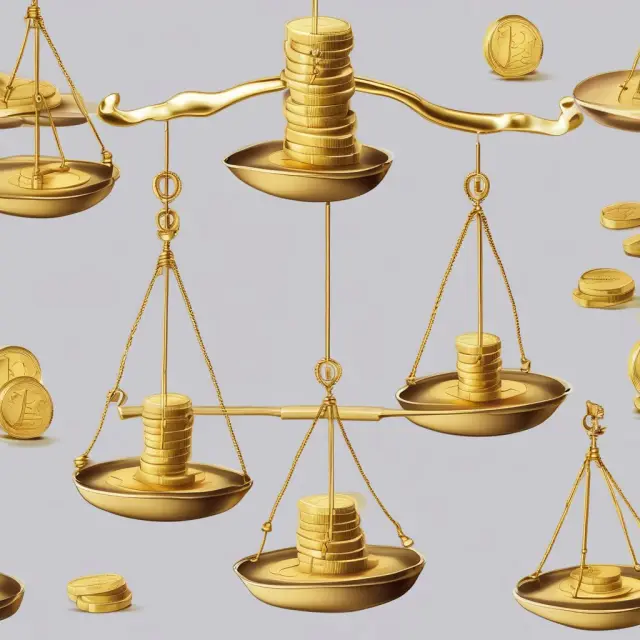 Two sets of scales balanced by a golden coin, representing revenue and gross profit, with additional coins indicating the percentage of gross profit as a proportion of total sales