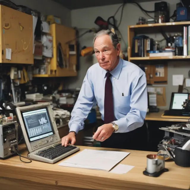 Michael Bloomberg starting Bloomberg in a garage, with the first terminal taking root.