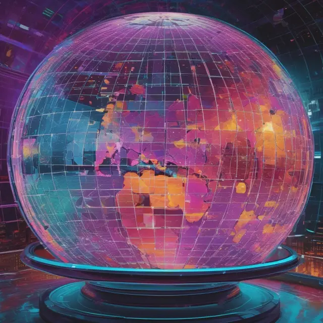 Bloomberg Terminal displaying various data streams, merging into a crystal ball that shows global markets, technology news, political events, and Bloomberg Opinion insights