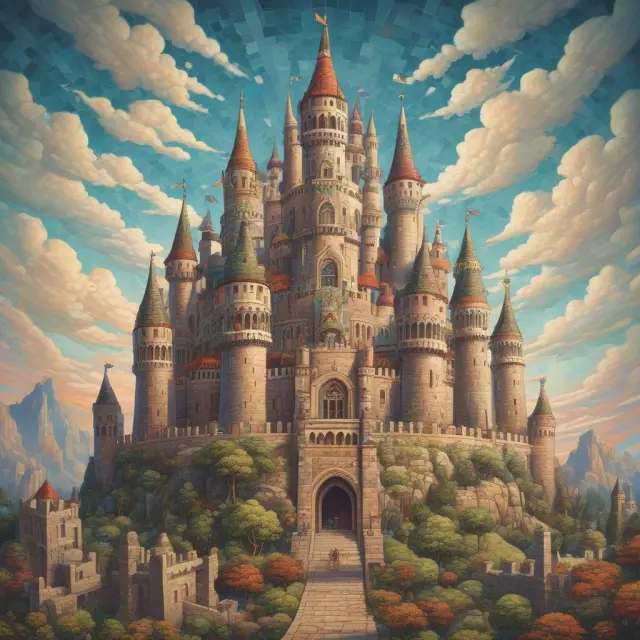 A mosaic of various bond types forming the base of a castle, symbolizing stability and security in bond investing