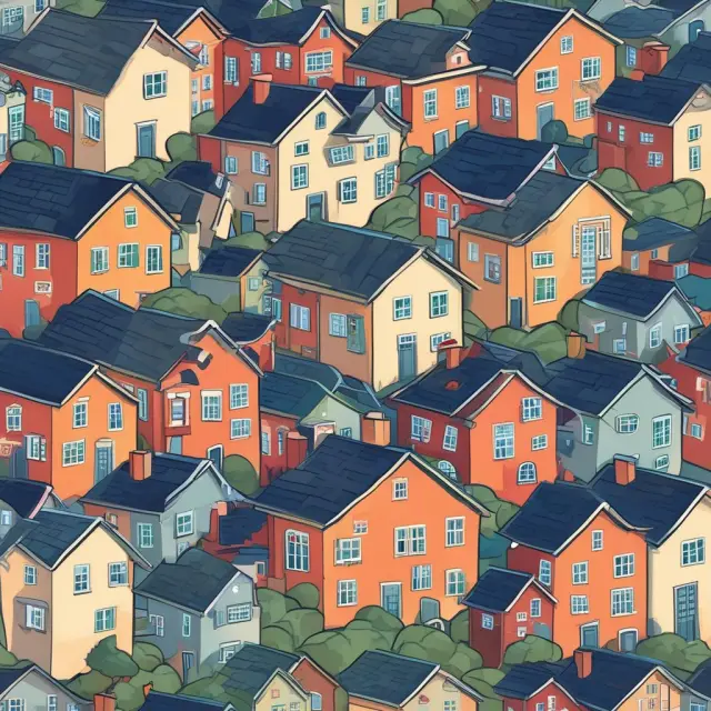 An intricate mosaic of houses forming an MBS fund, symbolizing diverse mortgage loans and income generation
