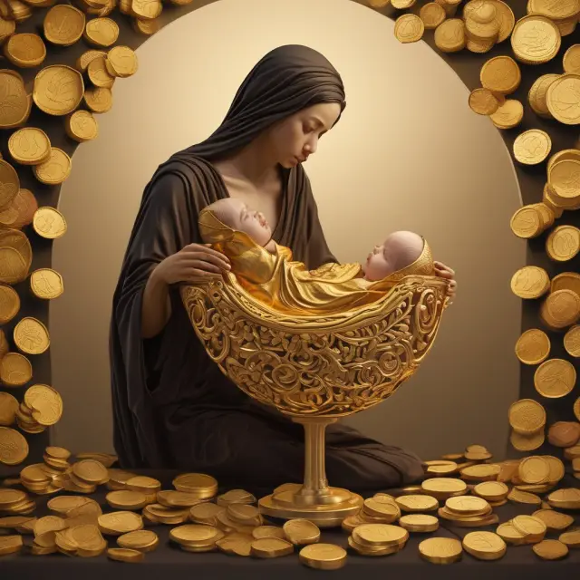 Parent company tenderly cradling a baby business made of gold coins, illustrating strategic growth through carve-outs