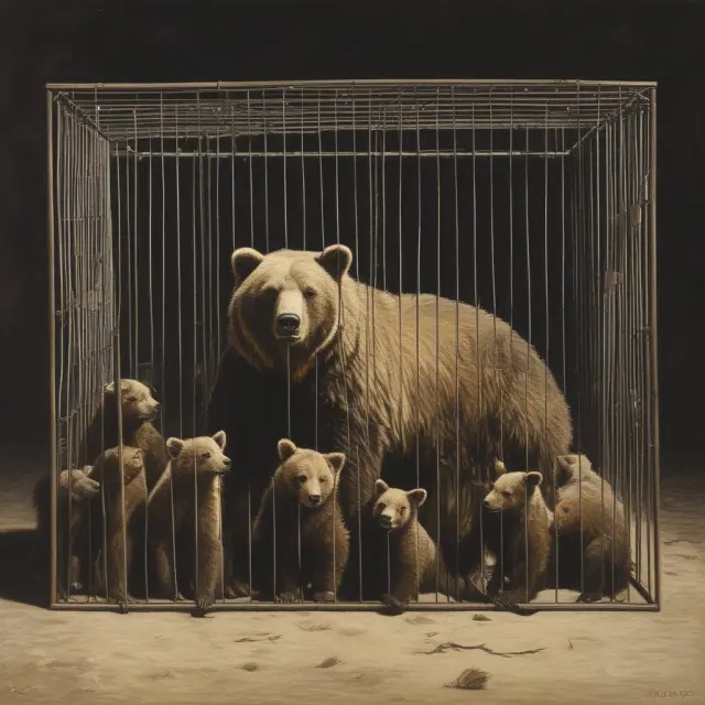 Parent bear protecting its cubs within a cage, illustrating risks for new investors in a carve-out
