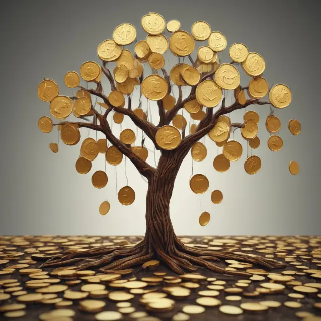 A golden tree with coins falling off, representing successful carve-outs from strategic business divisions