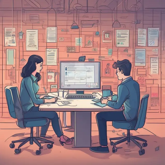 Clearing Bank FAQs: A digital marketplace with buyers and sellers exchanging questions through a clearinghouse, symbolizing the smooth flow of knowledge and securities transactions.